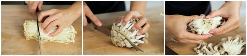 Rinse 1 package enoki mushrooms and 1 package shimeji (brown beech) mushrooms. Discard the root ends of both mushrooms and separate them into smaller chunks.