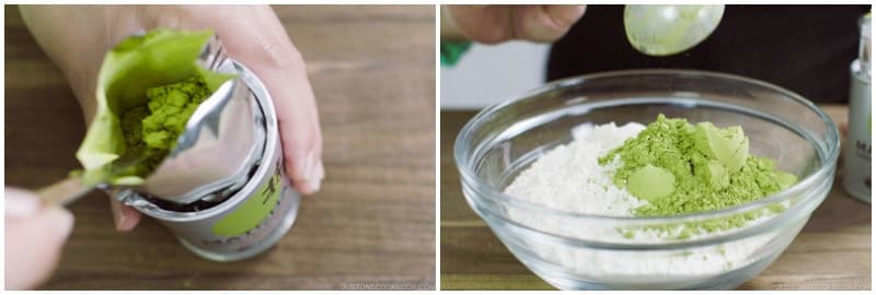 Combine 2 cups all-purpose flour (plain flour) and 2½ Tbsp matcha (ceremoial or culinary grade) in a large bowl.