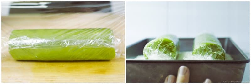 Wrap the logs in plastic wrap and chill in the refrigerator until firm, at least 2 hours. Tip: You can place the logs on a bed of uncooked rice while chilling. It’ll keep the dough in a nice cylindrical shape so your cookie slices won’t be flat on one side. To freeze for later: You can also freeze the unbaked logs of dough, wrapped in plastic wrap, for up to 2 months. To bake, let the frozen log sit at room temperature for about 10 minutes before slicing and baking.