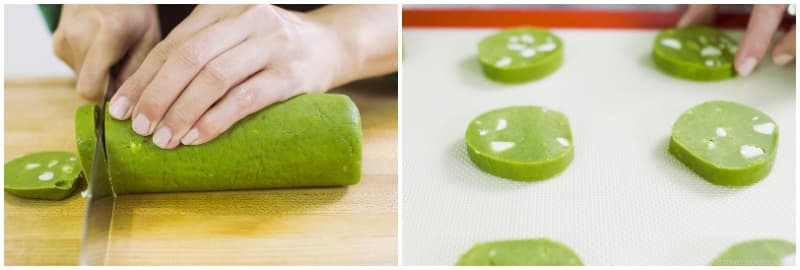 Preheat the oven to 350ºF (175ºC). For a convection oven, reduce the cooking temperature by 25ºF (15ºC). Line a baking sheet with parchment paper or a silicone baking liner. Remove the dough from the refrigerator and unwrap the plastic wrap. Use a sharp knife to slice the dough into rounds about ⅓ inch (7 mm) thick. If the dough is too hard to slice, wait about 5 minutes before slicing. Place the sliced dough on the baking sheet, leaving about 1 inch (2.5 cm) of space between the rounds.