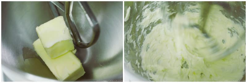 In a stand mixer with a paddle attachment or in a large bowl with a hand mixer, beat ¾ cup unsalted butter until smooth and creamy. Tip: It’s important to soften the butter ahead of time. Leave the cold butter out on the counter for 1 hour or microwave it in 5-second increments until softened.
