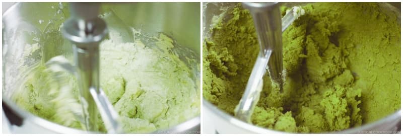 Gradually add the flour and matcha mixture and mix until just combined. Do not overmix.