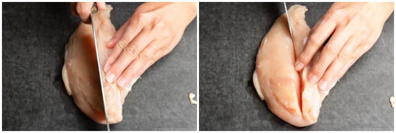 Butterfly the chicken breast so the meat is thinner and cooks faster; read more about it in my blog post and watch how in my video. You can use one of two methods. You can split the breast horizontally from the side with a knife, stopping before you cut all the way through. Then, open it like a book. The two sides will mirror each other, resembling a butterfly. Alternatively, you could use the Japanese cutting technique Kannon biraki (観音開き) that I demonstrate here.