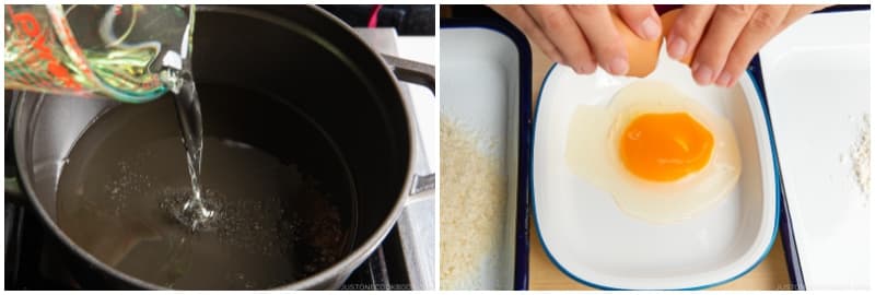 Add 3 cups neutral oil to a medium-size, heavy-bottomed pot (I use a Staub 2.75 QT Dutch oven, 11 inches in diameter). Add enough so the oil is 1½ inches (3.8 cm) deep; dip a chopstick in it to measure. Start preheating it to 340ºF (170ºC) over medium-low heat (or low heat, if you need more time to bread the chicken).