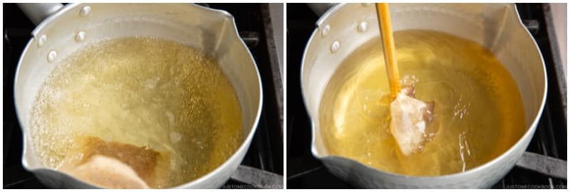 Simmer for 2–3 minutes. Then, squeeze the liquid from the dashi packet and discard the packet.