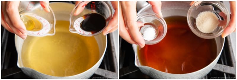 Season the dashi with 1½ Tbsp soy sauce, 1 Tbsp mirin, 1 tsp sugar, and ⅛ tsp Diamond Crystal kosher salt and mix it all together. Cover the pot with a lid to keep it hot and prevent evaporation. Turn off the heat and set aside.