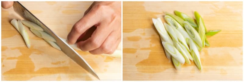 Cut the white part of ½ Tokyo negi (long green onion) diagonally into ½-inch (1.3-cm) slices. Set aside.