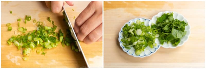 Cut 1 green onion/scallion into thin slices. Transfer the green onion slices and optional mitsuba to a small plate or bowl for topping the soup later.