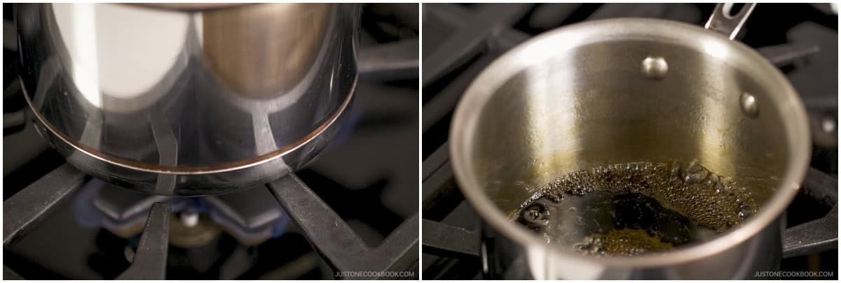 Once boiling, lower the heat to medium-low. Simmer for 10–15 minutes or until the sauce is thickened. As you mix the sauce or tilt the saucepan, small bubbles will start to rise and appear on the surface. When this happens, the sauce is ready to use.
