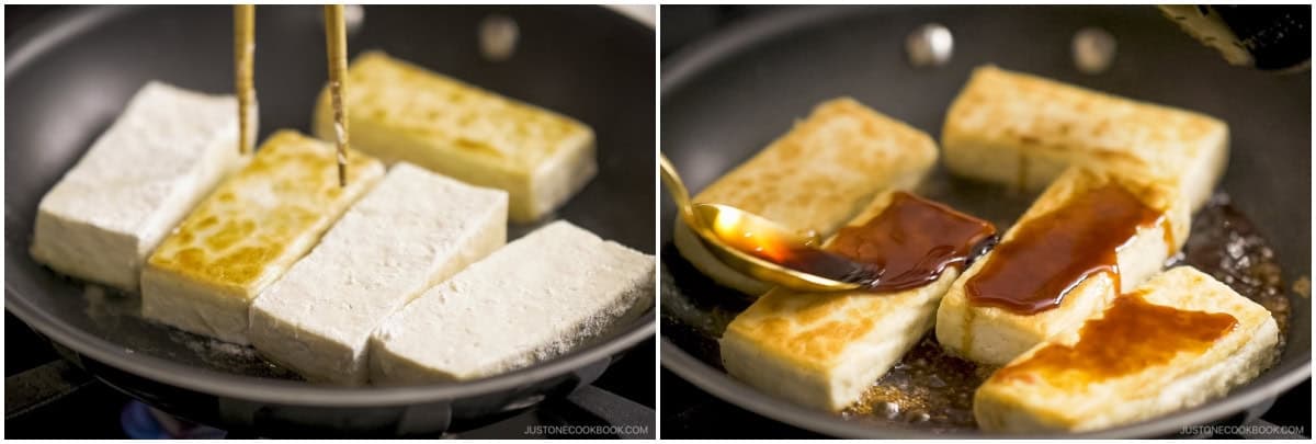 Teriyaki Tofu: Drain well a block of firm tofu (pressing it or microwaving it for 1 minute). Cut the tofu into steaks (slabs) and lightly coat them with all-purpose flour. Heat a frying pan over medium heat, then add cooking oil. Add the tofu steaks and cook on both sides until golden brown. Spoon the teriyaki sauce over the tofu steaks to coat well.