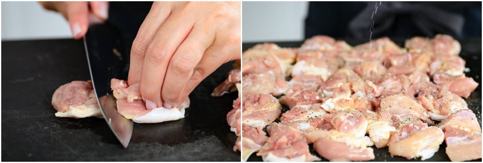 Prepare 1½ lb boneless, skin-on chicken thighs by cutting each into 2-inch (5-cm) pieces. Season with ½ tsp Diamond Crystal kosher salt and ⅛ tsp freshly ground black pepper.