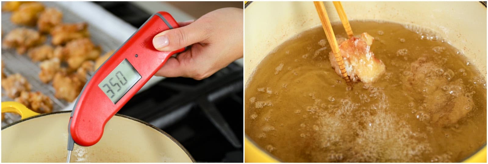 Now, raise the oil temperature to 350ºF (180ºC). Place the first 3 to 5 pieces of rested chicken back into the oil and deep-fry for 45 seconds, or until the skin is golden brown and crispy. Transfer them to the wire rack to drain the excess oil. Continue frying the remaining chicken pieces.