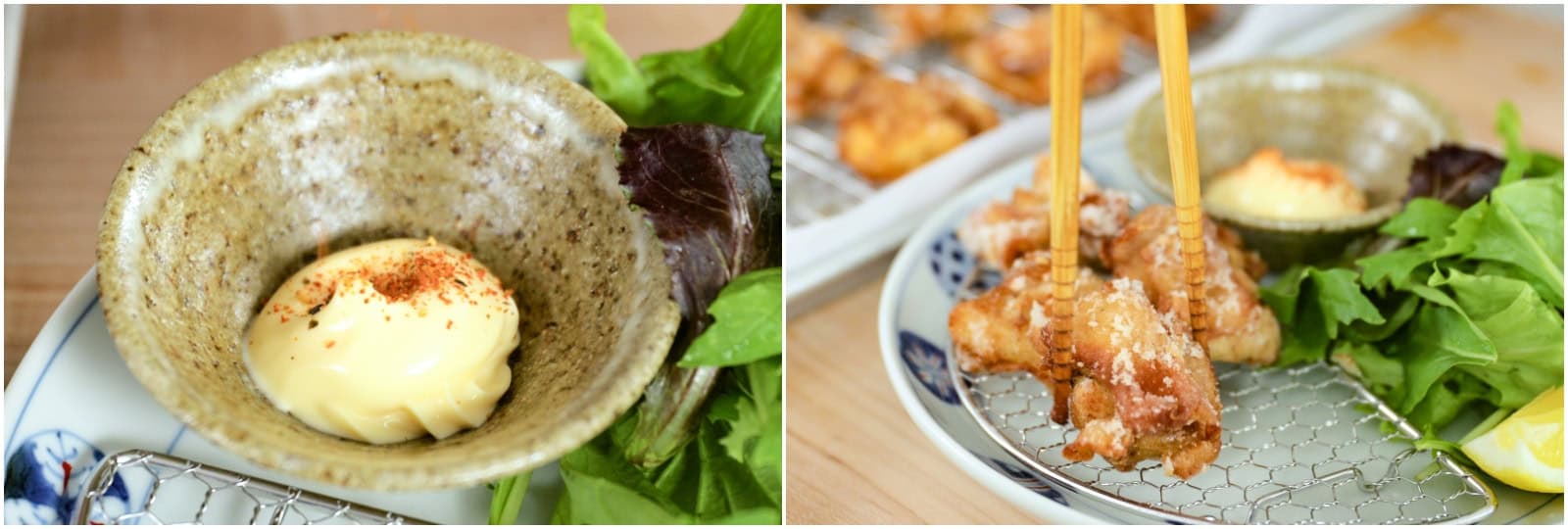 Serve the chicken hot with lemon wedges and a dipping plate of Japanese Kewpie mayonnaise. You can also sprinkle shichimi togarashi (Japanese seven spice) on the mayo for a bit of spice, if desired.