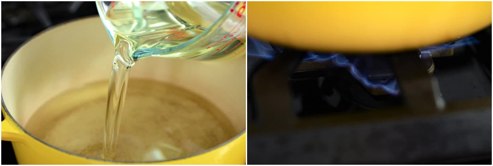 While the chicken is marinating, prepare the oil for deep-frying. Pour about 3–4 cups neutral oil into a heavy-bottomed pot (I like using the 2.75-QT Staub), until you have at least 1 to 1½ inches (2.5 to 3.8 cm) of oil. Heat it to 325ºF (160ºC) over medium-low heat so you have enough time to prep the chicken.