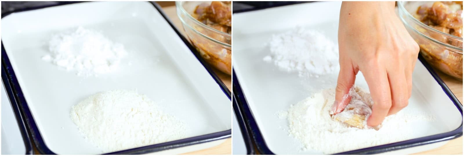 Meanwhile, dredge the chicken pieces. Prepare separate piles of 2 Tbsp all-purpose flour (plain flour) and 2 Tbsp potato starch or cornstarch in a tray. Lightly coat a piece of marinated chicken in the flour and dust off the excess.
