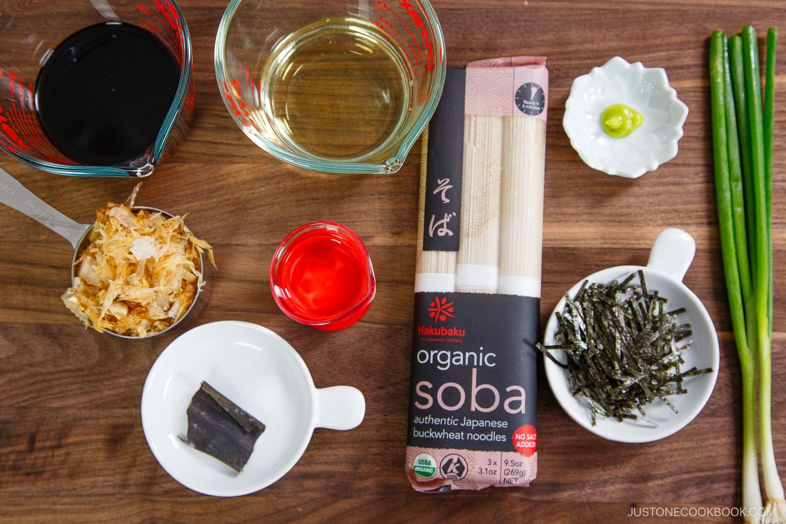 Gather all the ingredients. I make the homemade dipping sauce ahead and keep it in the fridge until ready to use—it's a big time-saver. Short on time? Use store-bought mentsuyu from a Japanese or Asian grocery store.