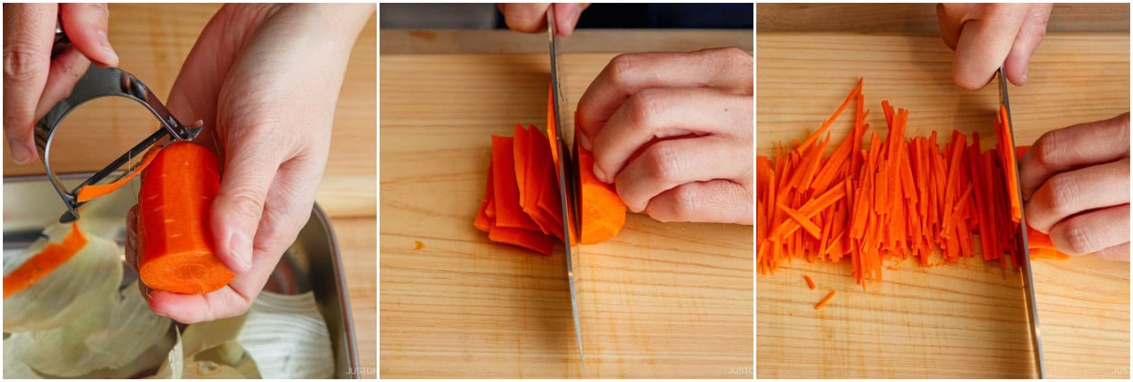 Peel 2 inches carrot. Cut it lengthwise into thin slabs, then slice into julienne strips.