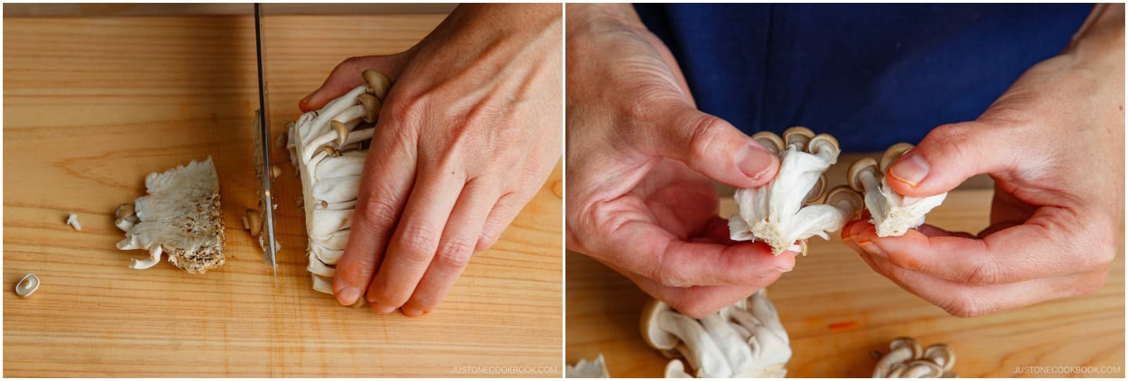 Cut off the root end of ½ package shimeji (brown beech) mushrooms and separate them into small clusters with your hands.