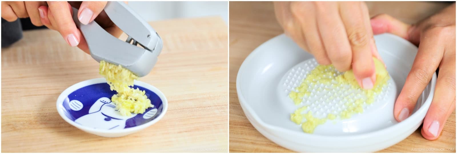Mince or press 2 cloves garlic (I use a garlic press) and add to a small plate. Then, grate the ginger (I use a ceramic grater) and add ½ tsp ginger (grated) to the plate.