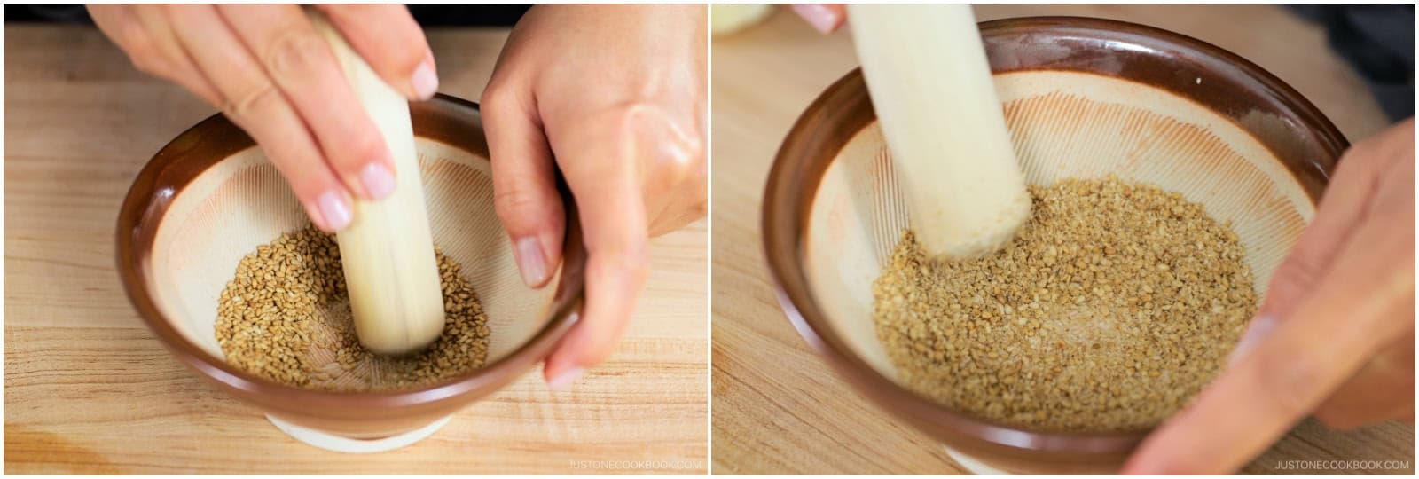 Grind 1 Tbsp toasted white sesame seeds, leaving some unground for texture. Set aside.