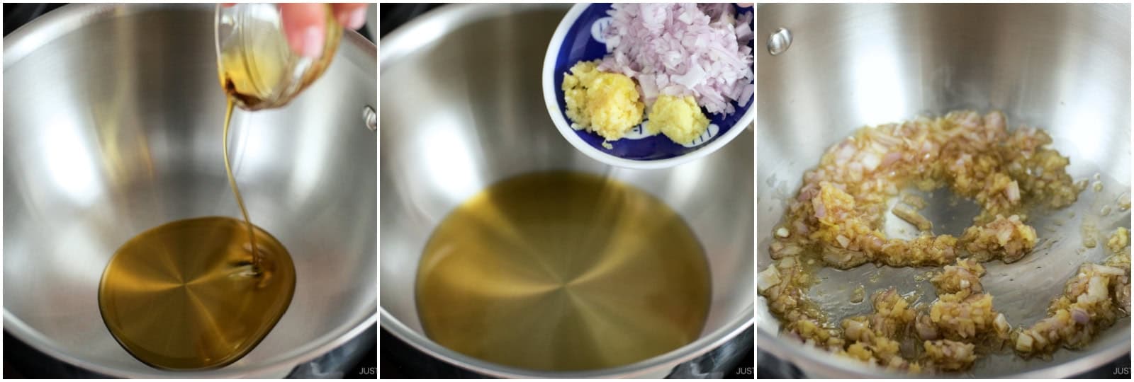 Preheat a medium pot over medium-low heat. When it‘s hot, add 1 Tbsp toasted sesame oil and add the garlic, ginger, and shallot, and stir-fry with a wooden spatula until fragrant.