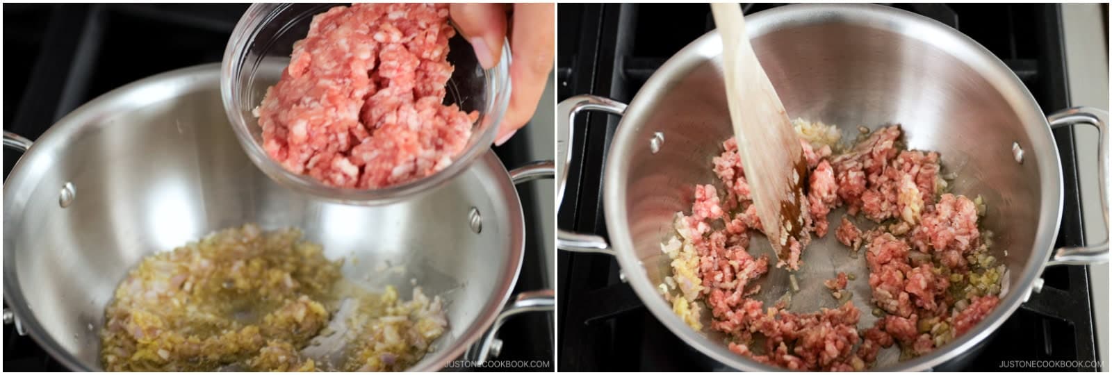 Add ¼ lb ground pork and increase to medium heat. Cook until the meat is no longer pink.