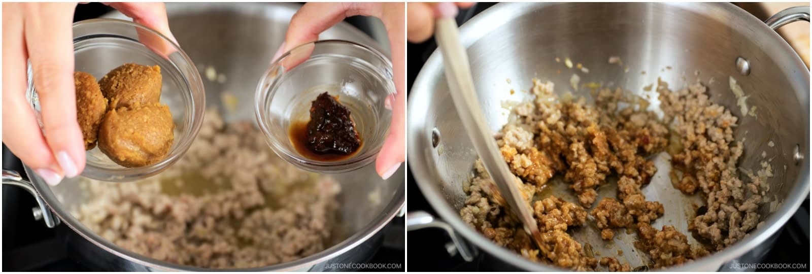 Add 1 tsp doubanjiang (spicy chili bean paste) and 3 Tbsp miso. Quickly blend with the meat without burning.