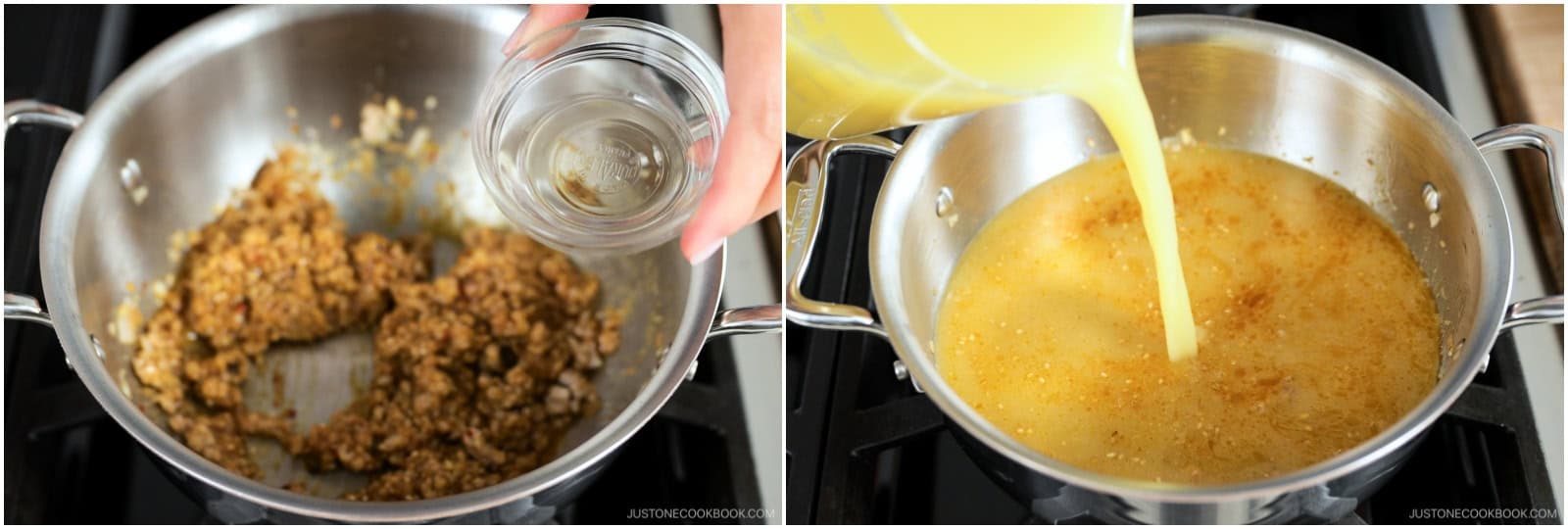 Add 1 Tbsp sake and 4 cups chicken stock/broth, and bring the mixture to a simmer.