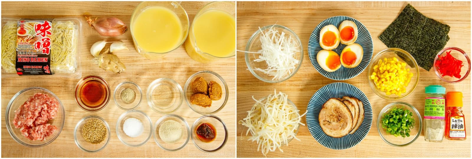 Prepare all the ramen toppings ahead of time—so they‘re ready to serve with your hot bowl of ramen. If you're making Homemade Chashu and Ramen Egg, start a day in advance. Gather all the ingredients.