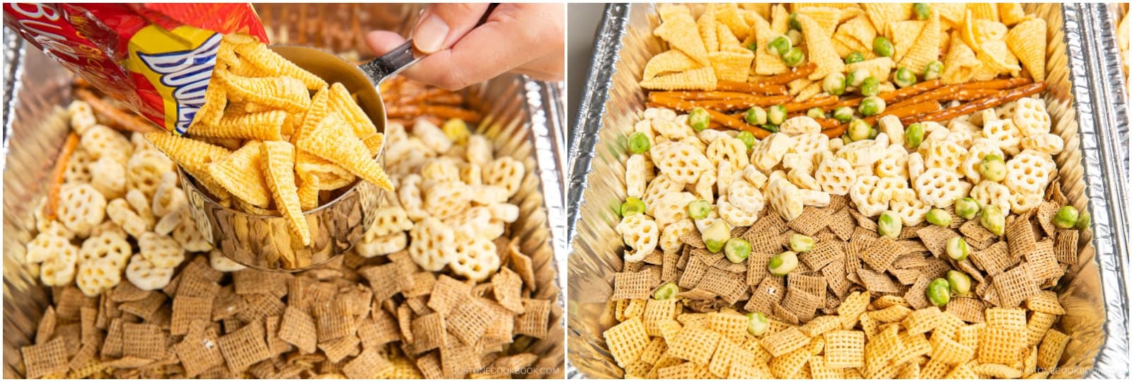 Add 4 cups Corn Chex, 4 cups Wheat Chex, 4 cups Honeycomb cereal, 4 cups Bugles corn snack, 2 cups pretzel sticks, and 1 bag Japanese roasted green pea snack to a large baking pan with high sides.