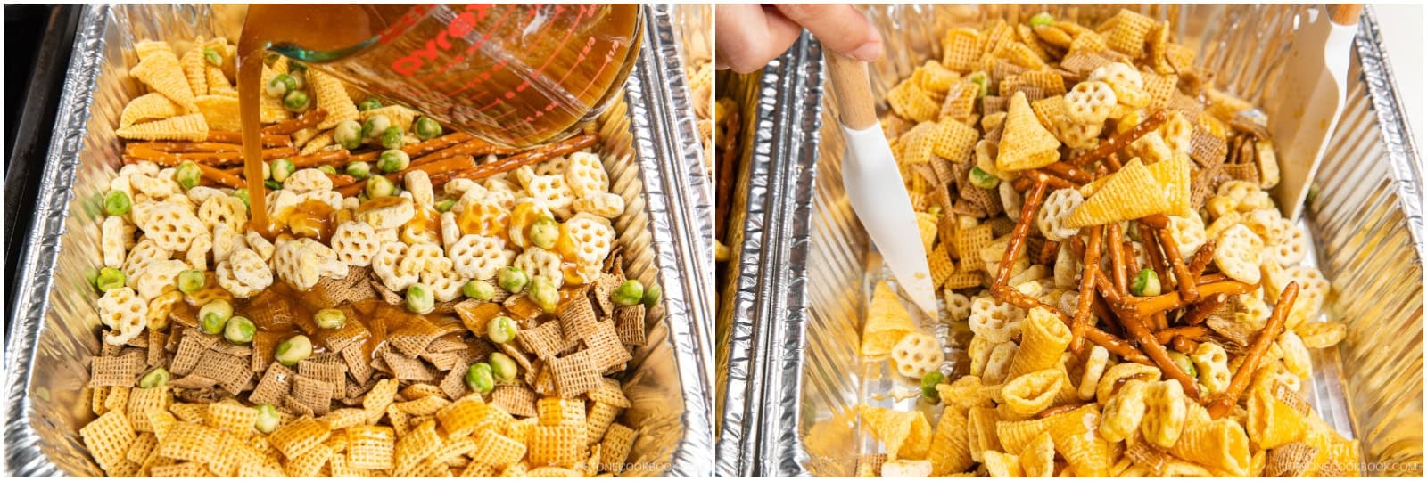 Whisk the syrup again to blend well, then evenly distribute it over the party mix. Toss well with two silicone spatulas until evenly coated.