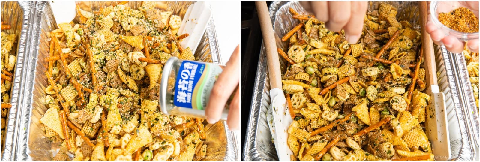 Sprinkle 1 jar nori komi furikake on top and toss well until all pieces are evenly coated. If you like it spicy, sprinkle with 2 tsp shichimi togarashi (Japanese seven spice), to taste.