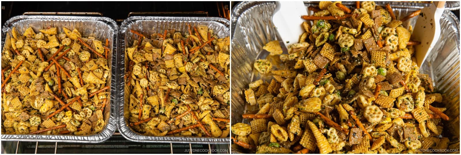 After 1 hour, remove from the oven and let it cool completely. As it cools, toss it every 15 minutes (at least 3 times) to break up the clusters so they separate and don't stick together.Nami's Tip: If you skip this step and your party mix clumps, bake it for another 15 minutes until the syrup melts and the mix becomes loose again. Then take it out and be sure to toss it every 15 minutes this time!