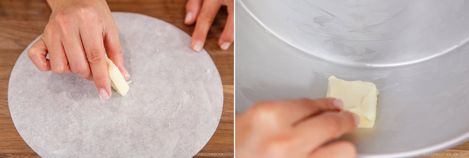 Use 1 Tbsp unsalted butter to grease the cake pan and one side of the parchment paper circle and strip. You don‘t need to use all the butter.