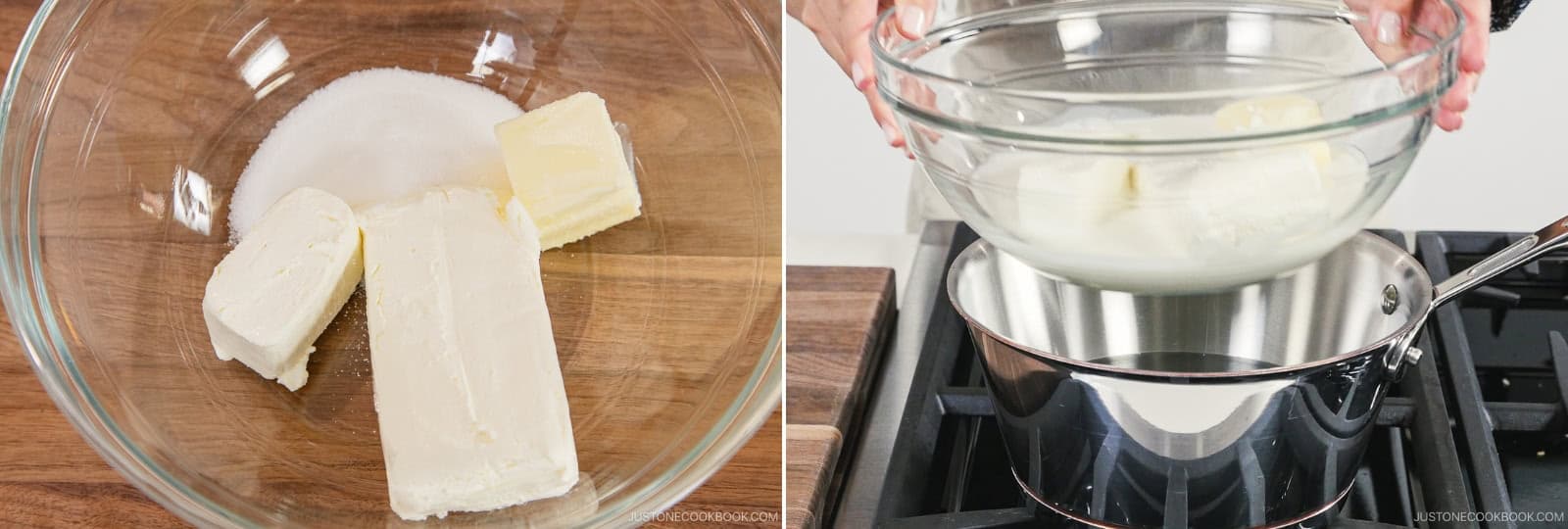Add 10.6 oz cream cheese, 4 Tbsp unsalted butter, 200 ml heavy (whipping) cream, and 4½ Tbsp sugar to a large bowl and rest it on the saucepan above the simmering water. Nami's Tip: The double boiler will warm and soften the cream cheese and butter, so you don't need to bring them to room temperature ahead of time.