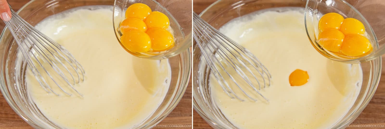 Add the egg yolks one at a time, whisking each yolk into the cream cheese mixture until fully incorporated before adding the next.