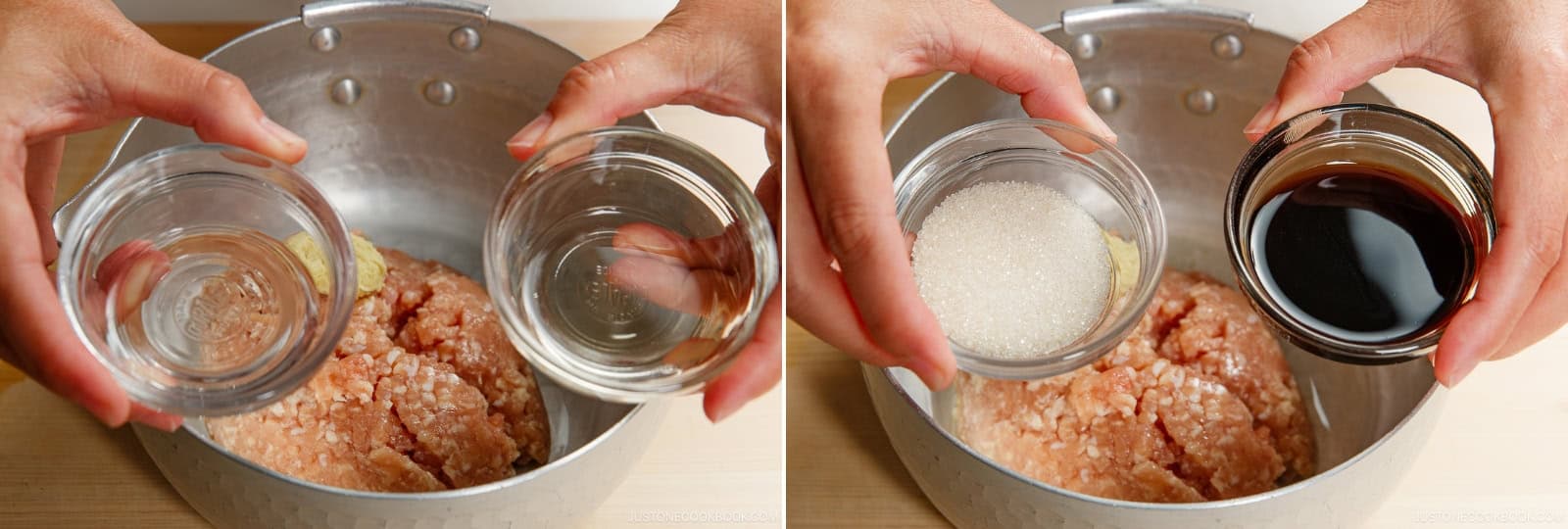 With the heat still off, combine 1 tsp grated ginger, ½ lb ground chicken, 1 Tbsp sake, 1 Tbsp mirin, 1–1½ Tbsp sugar, and 2½ Tbsp soy sauce in a medium saucepan.