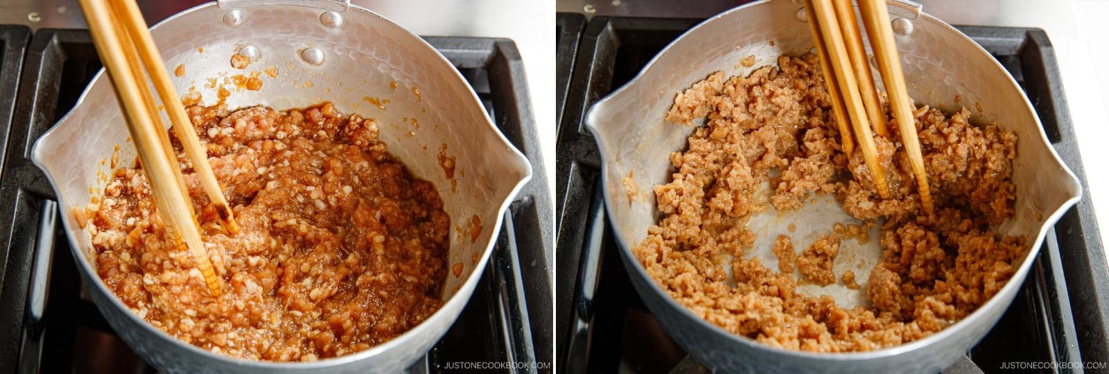 Turn the heat to medium-low. Using 3 pairs of long cooking chopsticks, stir constantly, breaking the meat into fine crumbles, about 3–4 minutes.