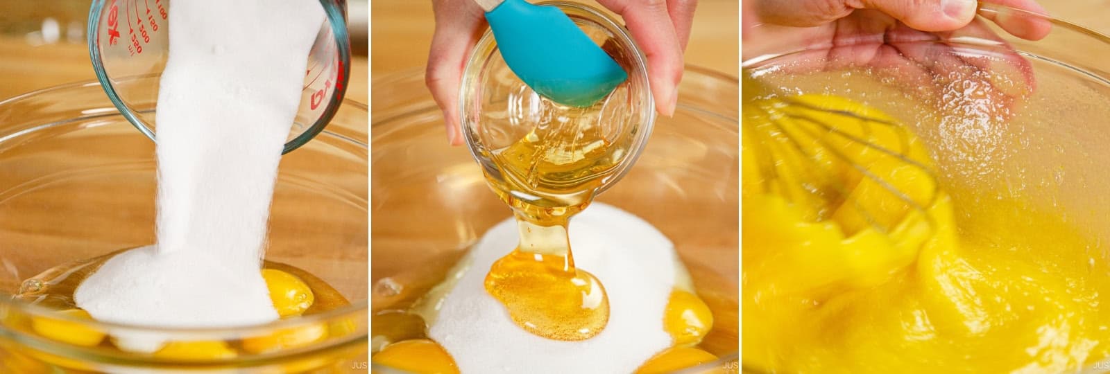 Combine 4 large eggs (50 g each w/o shell), ⅔ cup sugar, and 2 Tbsp honey in a large bowl. Whisk vigorously until the mixture turns pale and thick. Nami's Tip: The air bubbles expand during cooking and give the pancakes their fluffy texture.
