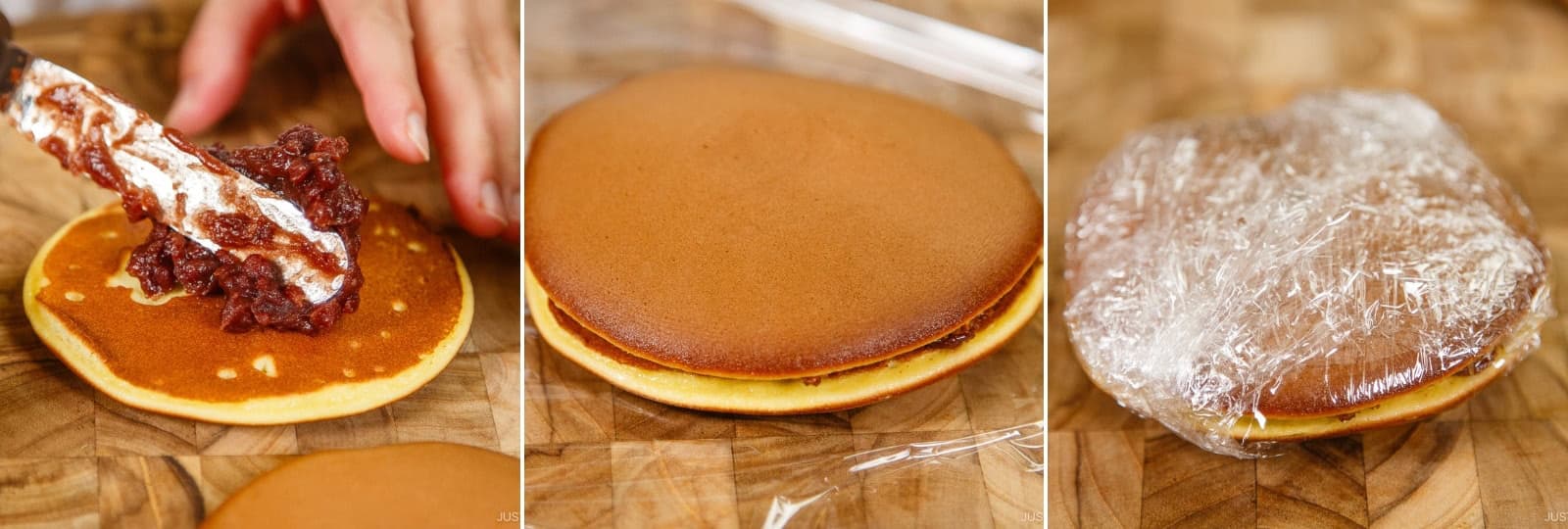 Spread a small scoop of sweet red bean paste (anko) on one pancake. Mound the paste in the center so it's thicker in the middle than the edges. Place another pancake on top to form a curved, domed sandwich. Wrap each dorayaki individually in plastic wrap until ready to serve.