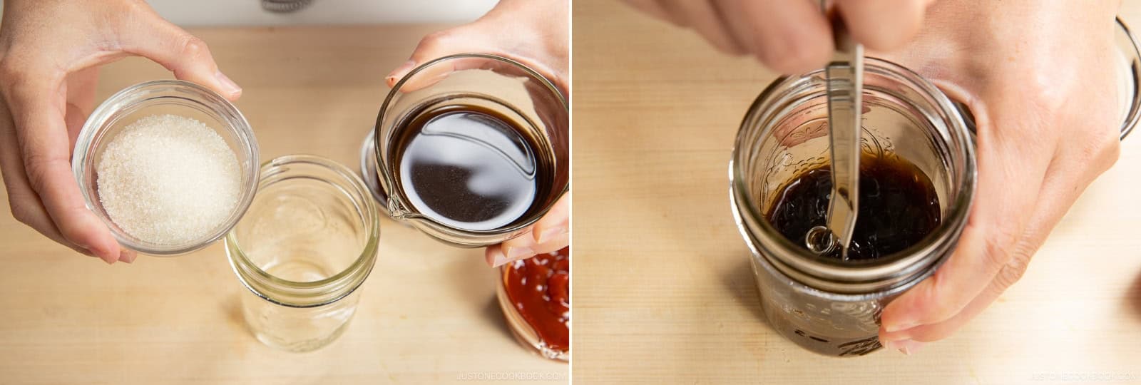 Combine 4½ Tbsp Worcestershire sauce and 2 Tbsp sugar in a jar or small bowl and whisk until the sugar dissolves.
