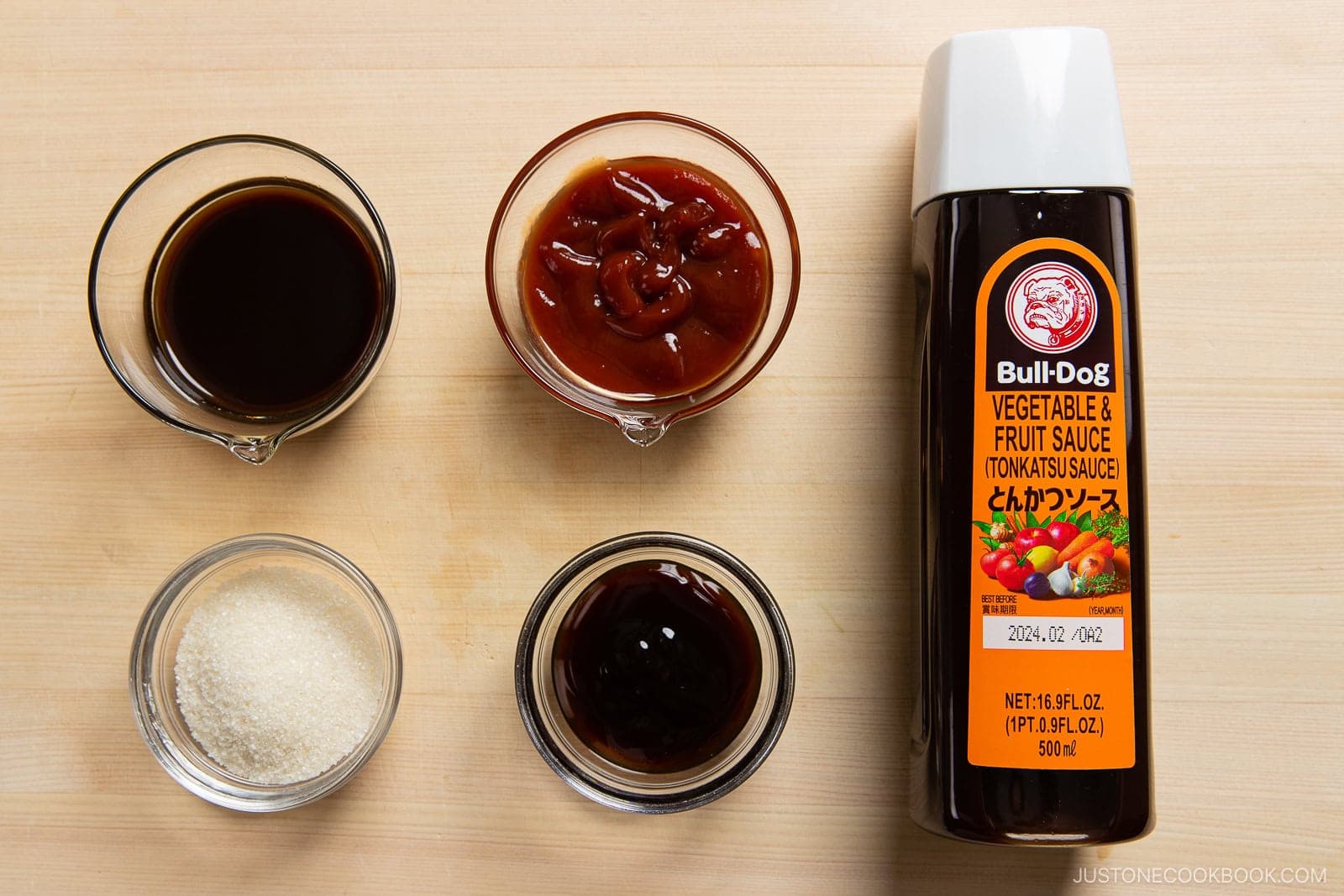 Gather all the ingredients.Note: I included a bottle of Bull-Dog Tonkatsu Sauce in the photo, but it‘s not needed for this recipe.